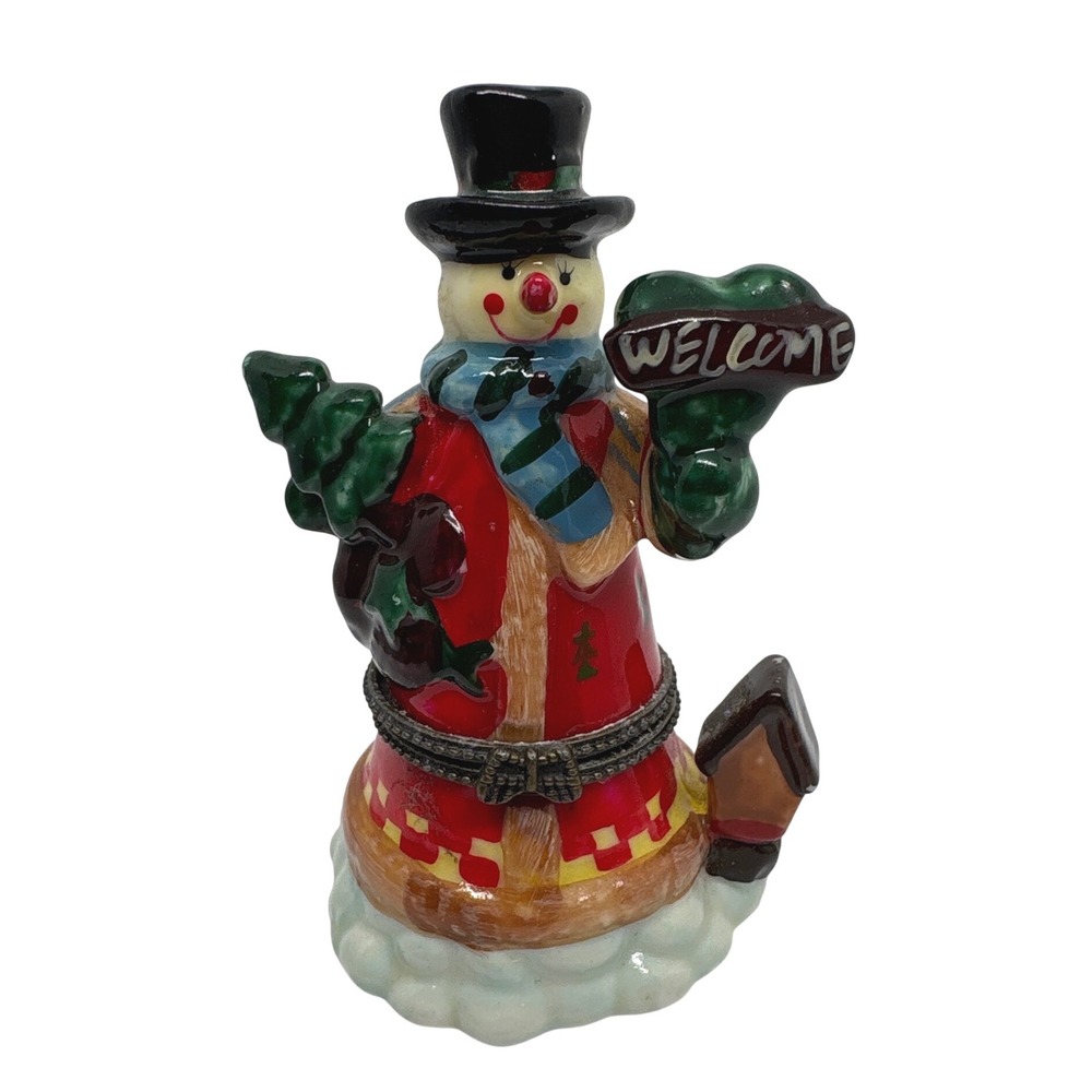 Ceramic Snowman Hinged Trinket Box Welcome Sign Christmas Decor Vintage Style